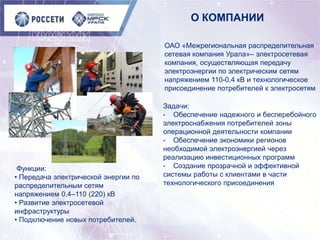 ОАО «Межрегиональная распределительная
сетевая компания Урала»– электросетевая
компания, осуществляющая передачу
электроэнергии по электрическим сетям
напряжением 110-0,4 кВ и технологическое
присоединение потребителей к электросетям
Задачи:
• Обеспечение надежного и бесперебойного
электроснабжения потребителей зоны
операционной деятельности компании
• Обеспечение экономики регионов
необходимой электроэнергией через
реализацию инвестиционных программ
• Создание прозрачной и эффективной
системы работы с клиентами в части
технологического присоединения
Функции:
• Передача электрической энергии по
распределительным сетям
напряжением 0,4–110 (220) кВ
• Развитие электросетевой
инфраструктуры
• Подключение новых потребителей.
О КОМПАНИИ
 