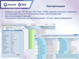 • Создание структуры ТМ, ЕО (ПС, ЛЭП, РЗиА, ТП/РП), ведение статических параметров
• Паспортизацию выполняют 18 экспертов, более 1000 пользователей
• Срок паспортизации 9 месяцев
• Планируемый объем базы данных оборудования > 2,5 млн. единиц оборудования
Паспортизация
 