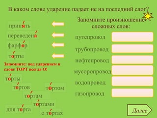 В каком слове ударение падает не на последний слог?
трубопровод
переведена
принять
фарфор
торты
мусоропровод
газопровод
водопровод
нефтепровод
путепровод
Запомните произношение
сложных слов:
Запомните: под ударением в
слове ТОРТ всегда О!
Далее
 