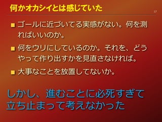 ゴールに近づいてる実感がない。何を測
ればいいのか。
何をウリにしているのか。それを、どう
やって作り出すかを見直さなければ。
大事なことを放置してないか。
17
何かオカシイとは感じていた
しかし、進むことに必死すぎて
立ち止まって考えなかった
 