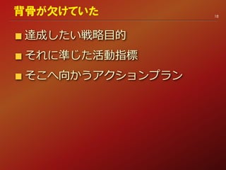 達成したい戦略目的
それに準じた活動指標
そこへ向かうアクションプラン
18
背骨が欠けていた
 