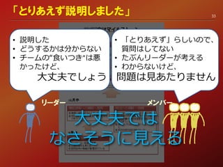 「とりあえず説明しました」 33
• 説明した
• どうするかは分からない
• チームの“食いつき”は悪
かったけど、
大丈夫でしょう
• 「とりあえず」らしいので、
質問はしてない
• たぶんリーダーが考える
• わからないけど、
問題は見あたりません
リーダー メンバー
大丈夫では
なさそうに見える
 