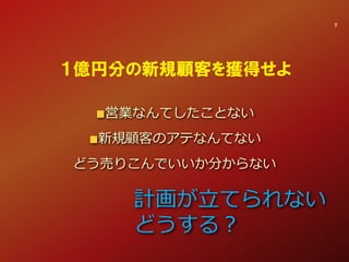 営業なんてしたことない
新規顧客のアテなんてない
どう売りこんでいいか分からない
9
１億円分の新規顧客を獲得せよ
計画が立てられない
どうする？
 