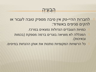 ‫או‬ ‫לעבור‬ ‫טובה‬ ‫מספיק‬ ‫סיבה‬ ‫אין‬ ‫ההיי-טק‬ ‫לחברות‬
:‫באשדוד‬ ‫סניפים‬ ‫להקים‬
.‫במרכז‬ ‫נמצאים‬ ‫הגדולות‬ ‫העובדים‬ ‫כמויות‬
‫)בכמות‬ ‫מספקת‬ ‫ברמה‬ ‫בוגרים‬ ‫מוציאה‬ ‫לא‬ ‫המכללה‬
.(‫ובאיכות‬
.‫במיסים‬ ‫ההנחות‬ ‫אותן‬ ‫את‬ ‫נותנות‬ ‫המקומיות‬ ‫הרשויות‬ ‫כל‬
 