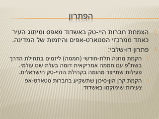 ‫העיר‬ ‫ומיתוג‬ ‫מאפס‬ ‫באשדוד‬ ‫היי-טק‬ ‫חברות‬ ‫הצמחת‬
.‫המדינה‬ ‫של‬ ‫והיזמות‬ ‫הסטארט-אפים‬ ‫ממרכזי‬ ‫כאחד‬
:‫דו-שלבי‬ ‫פתרון‬
‫הדרך‬ ‫בתחילת‬ ‫ליזמים‬ (‫)חממה‬ ‫תלת-חודשי‬ ‫מחנה‬ ‫הקמת‬
.‫עולמי‬ ‫שם‬ ‫בעלת‬ ‫דומה‬ ‫אמריקאית‬ ‫חממה‬ ‫עם‬ ‫בשת"פ‬
.‫הישראלית‬ ‫ההיי-טק‬ ‫בקהילת‬ ‫מהומה‬ ‫שתייצר‬ ‫פעילות‬
‫סטארט-אפ‬ ‫בחברות‬ ‫שתשקיע‬ ‫הון-סיכון‬ ‫קרן‬ ‫הקמת‬
.‫באשדוד‬ ‫שימוקמו‬ ‫צעירות‬
 