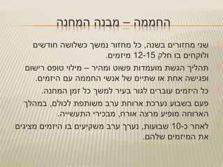 ‫חודשים‬ ‫כשלושה‬ ‫נמשך‬ ‫מחזור‬ ‫כל‬ ,‫בשנה‬ ‫מחזורים‬ ‫שני‬
‫חלק‬ ‫בו‬ ‫ולוקחים‬12-15.‫מיזמים‬
‫רישום‬ ‫טופס‬ ‫מילוי‬ – ‫ומהיר‬ ‫פשוט‬ ‫מועמדות‬ ‫הגשת‬ ‫תהליך‬
.‫היזמים‬ ‫עם‬ ‫החממה‬ ‫אנשי‬ ‫של‬ ‫שתיים‬ ‫או‬ ‫אחת‬ ‫ופגישה‬
.‫המחנה‬ ‫זמן‬ ‫כל‬ ‫למשך‬ ‫בעיר‬ ‫לגור‬ ‫עוברים‬ ‫היזמים‬ ‫כל‬
‫במהלך‬ ,‫לכולם‬ ‫משותפת‬ ‫ערב‬ ‫ארוחת‬ ‫נערכת‬ ‫בשבוע‬ ‫פעם‬
.‫התעשייה‬ ‫מבכירי‬ ,‫אורח‬ ‫מרצה‬ ‫מופיע‬ ‫הארוחה‬
-‫כ‬ ‫לאחר‬10‫מציגים‬ ‫היזמים‬ ‫בו‬ ‫משקיעים‬ ‫ערב‬ ‫נערך‬ ,‫שבועות‬
.‫שלהם‬ ‫המיזמים‬ ‫את‬
 