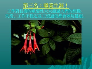 第三名：職業生涯！
工作對長壽的重要性大大超過人們的想像。
失業、工作不穩定及工資過低都會殃及健康。
 