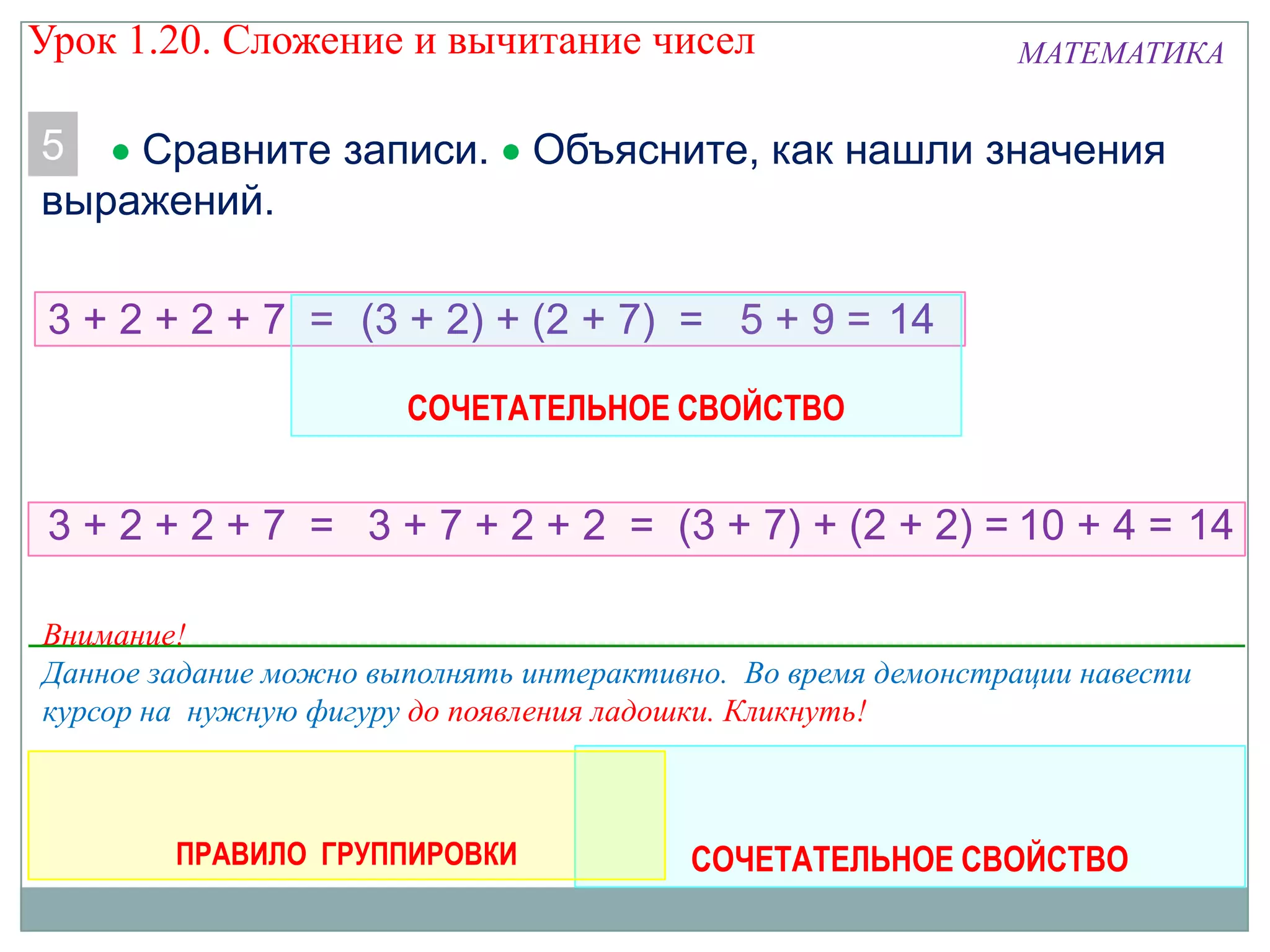 МАТЕМАТИКА
5 Сравните записи. Объясните, как нашли значения
выражений.
3 + 2 + 2 + 7 = 5 + 9 = 14(3 + 2) + (2 + 7) =
СОЧЕТАТЕЛЬНОЕ СВОЙСТВО
3 + 2 + 2 + 7 = 3 + 7 + 2 + 2 = (3 + 7) + (2 + 2) = 10 + 4 = 14
ПРАВИЛО ГРУППИРОВКИ
СОЧЕТАТЕЛЬНОЕ СВОЙСТВО
Внимание!
Данное задание можно выполнять интерактивно. Во время демонстрации навести
курсор на нужную фигуру до появления ладошки. Кликнуть!
Урок 1.20. Сложение и вычитание чисел
 