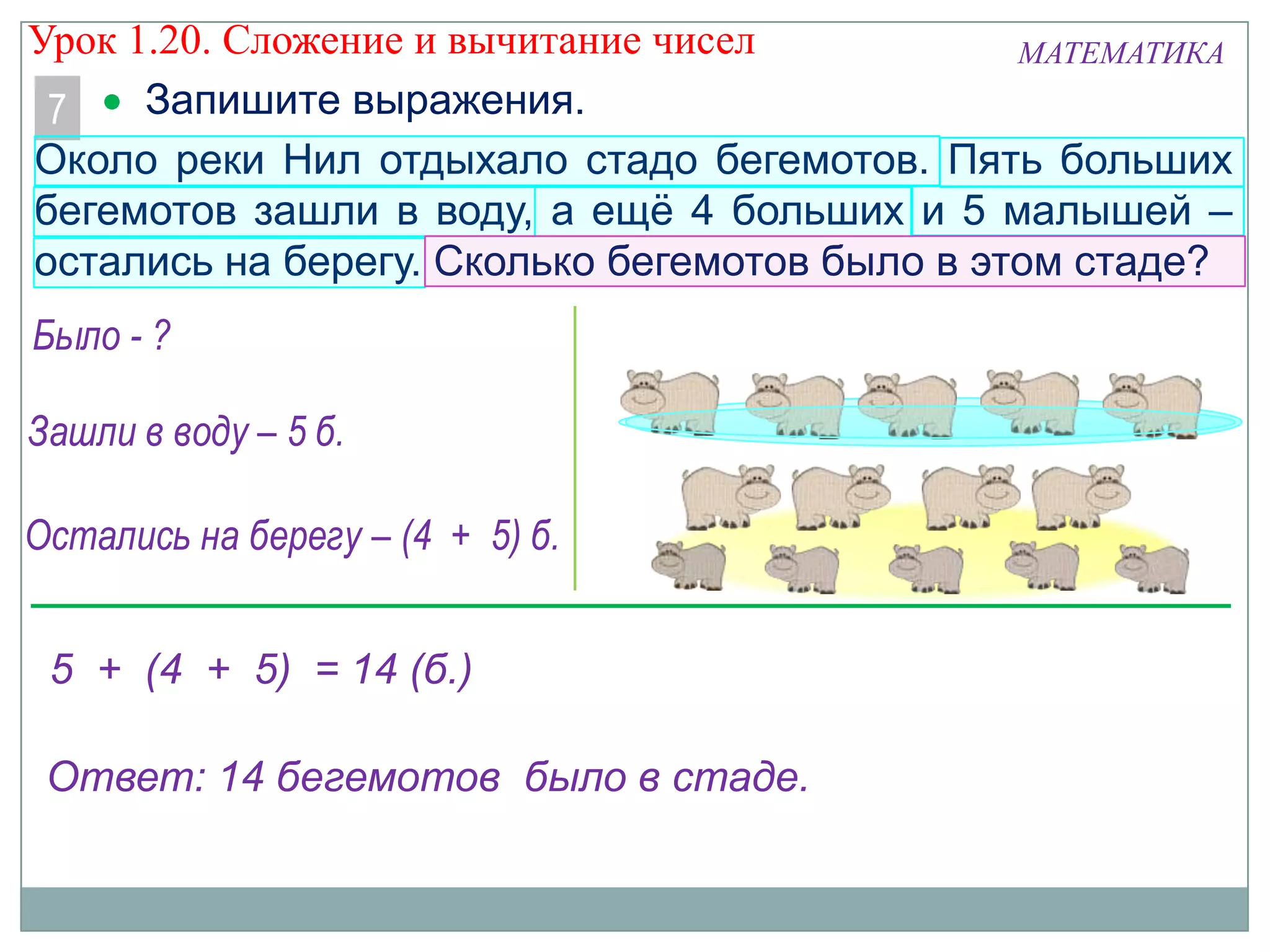 Запишите выражения.
МАТЕМАТИКА
7
Около реки Нил отдыхало стадо бегемотов. Пять больших
бегемотов зашли в воду, а ещё 4 больших и 5 малышей –
остались на берегу. Сколько бегемотов было в этом стаде?
5 + (4 + 5)
Зашли в воду – 5 б.
Остались на берегу – (4 + 5) б.
Было - ?
= 14 (б.)
Ответ: 14 бегемотов было в стаде.
Урок 1.20. Сложение и вычитание чисел
 