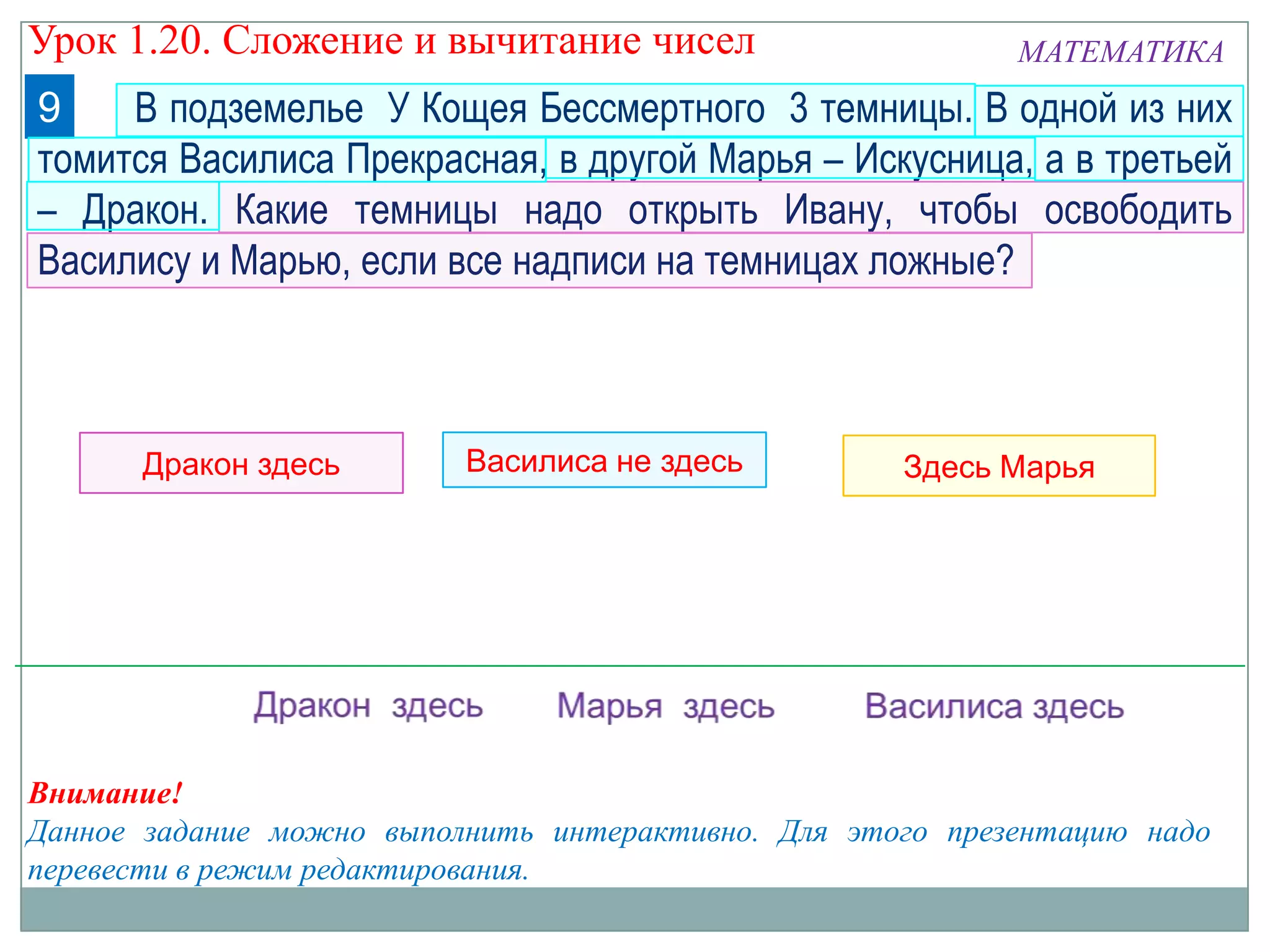 Василиса не здесьДракон здесь Здесь Марья
В подземелье У Кощея Бессмертного 3 темницы. В одной из них
томится Василиса Прекрасная, в другой Марья – Искусница, а в третьей
– Дракон. Какие темницы надо открыть Ивану, чтобы освободить
Василису и Марью, если все надписи на темницах ложные?
Внимание!
Данное задание можно выполнить интерактивно. Для этого презентацию надо
перевести в режим редактирования.
МАТЕМАТИКА
9
Урок 1.20. Сложение и вычитание чисел
 