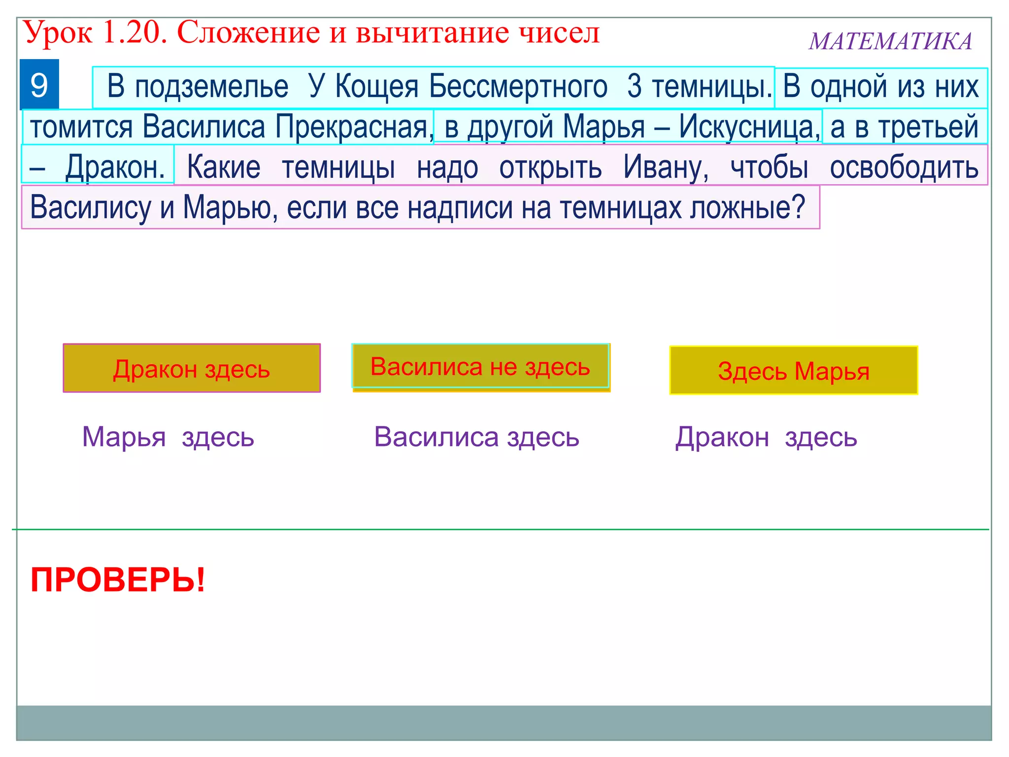 В подземелье У Кощея Бессмертного 3 темницы. В одной из них
томится Василиса Прекрасная, в другой Марья – Искусница, а в третьей
– Дракон. Какие темницы надо открыть Ивану, чтобы освободить
Василису и Марью, если все надписи на темницах ложные?
МАТЕМАТИКА
9
Василиса не здесьДракон здесь Здесь Марья
Василиса здесь Дракон здесьМарья здесь
ПРОВЕРЬ!
Урок 1.20. Сложение и вычитание чисел
 