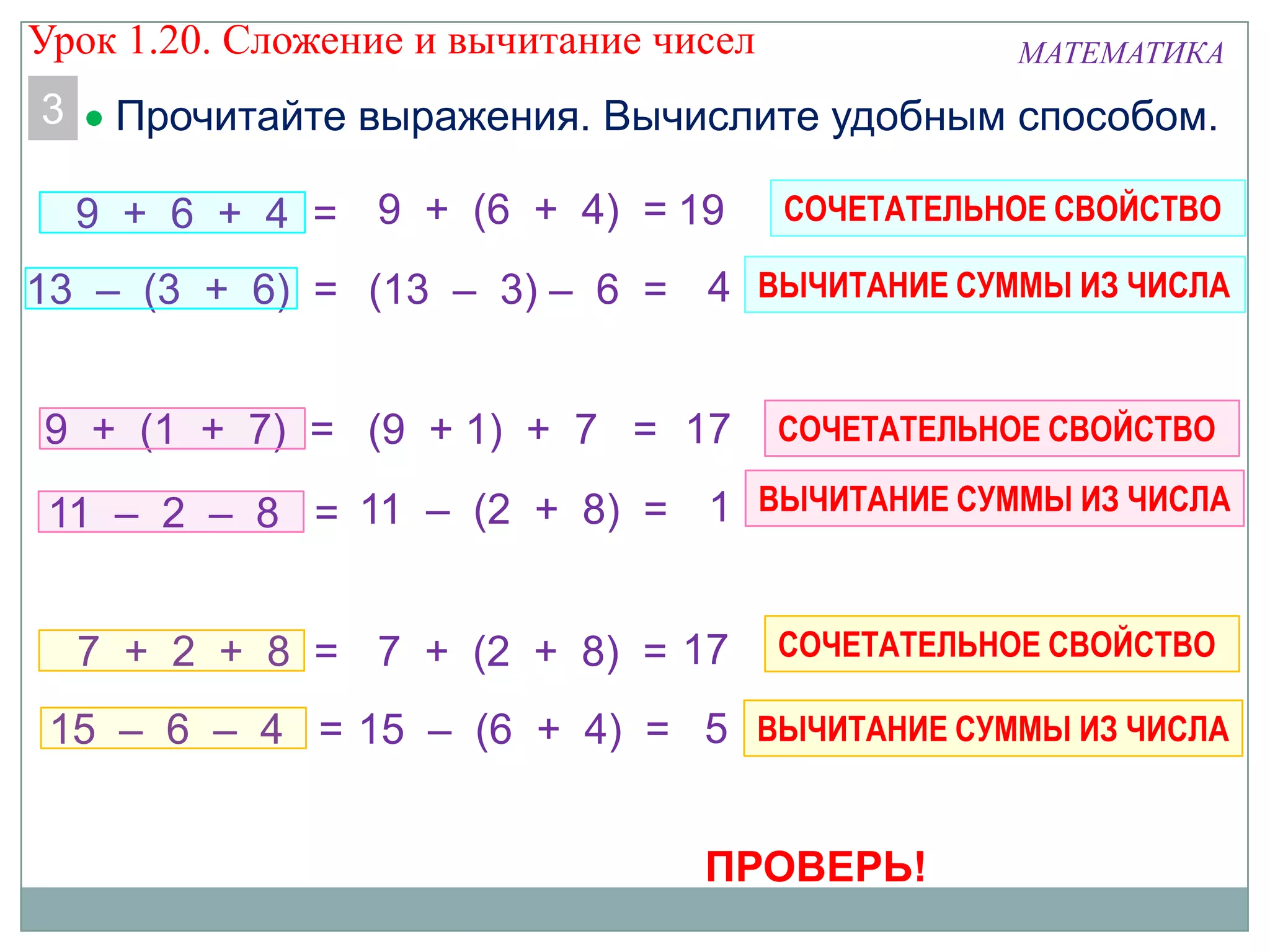 МАТЕМАТИКА
3 Прочитайте выражения. Вычислите удобным способом.
13 – (3 + 6) =
11 – 2 – 8 =
9 + 6 + 4 = 19
ПРОВЕРЬ!
7 + 2 + 8 =
9 + (1 + 7) =
15 – 6 – 4 =
9 + (6 + 4) =
(13 – 3) – 6 =
(9 + 1) + 7 =
11 – (2 + 8) =
7 + (2 + 8) =
15 – (6 + 4) =
4
17
1
17
5
СОЧЕТАТЕЛЬНОЕ СВОЙСТВО
ВЫЧИТАНИЕ СУММЫ ИЗ ЧИСЛА
СОЧЕТАТЕЛЬНОЕ СВОЙСТВО
ВЫЧИТАНИЕ СУММЫ ИЗ ЧИСЛА
СОЧЕТАТЕЛЬНОЕ СВОЙСТВО
ВЫЧИТАНИЕ СУММЫ ИЗ ЧИСЛА
Урок 1.20. Сложение и вычитание чисел
 