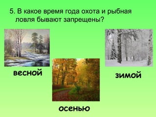 5. В какое время года охота и рыбная
ловля бывают запрещены?
весной
осенью
зимой
 