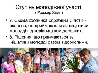 Ступінь молодіжної участі
( Роджер Харт )
• 7. Сьома сходинка «драбини участі» -
рішення, які приймаються за ініціативи
молодді під керівництвом дорослих.
• 8. Рішення, що приймаються за
ініціативи молодді разом з дорослими.
 