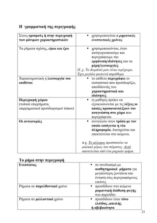 23
Η γραμματική της περιγραφής
Στους ορισμούς ή στην περιγραφή
των μόνιμων χαρακτηριστικών
χρησιμοποιείται ο ρηματικός
ενεστωτικός χρόνος.
Τα ρήματα σχέσης, είμαι και έχω χρησιμοποιούνται, όταν
κατηγοριοποιούμε και
περιγράφουμε την
εμφάνιση/ιδιότητες και τα
μέρη/λειτουργίες
Π. χ. Το δωμάτιό μου είναι ευρύχωρο.
Έχει μεγάλα φωτεινά παράθυρα
Χαρακτηριστική η λειτουργία του
επιθέτου
το επίθετο περιγράφει το
ουσιαστικό που προσδιορίζει,
αποδίδοντάς του
χαρακτηριστικά και
ιδιότητες
Περιγραφή χώρου
(τοπικά επιρρήματα,
επιρρηματικοί προσδιορισμοί τόπου)
οι μαθητές πρέπει να
εξοικειώνονται με τις λέξεις οι
οποίες προσανατολίζουν τον
αναγνώστη στο χώρο που
περιγράφεται
Οι αντωνυμίες συντελούν στον τρόπο με τον
οποίο εισάγεται η νέα
πληροφορία, διατηρείται και
επεκτείνεται στο κείμενο,
π.χ. Το κέλυφος προστατεύει το
μαλακό μέρος του σώματος. Αυτό
αποτελείται από ένα ραχιαίο τμήμα.
Το ρήμα στην περιγραφή
Ενεστώτας σε συνδυασμό με
αισθητηριακά ρήματα για
μεγαλύτερη ζωντάνια και
ένταση στις περιγραφόμενες
εικόνες
Ρήματα σε παρελθοντικό χρόνο προσδίδουν στο κείμενο
ρομαντική διάθεση φυγής
στο παρελθόν
Ρήματα σε μελλοντικό χρόνο προσδίδουν έναν τόνο
ελπίδας ,απειλής
ή αβεβαιότητα
 