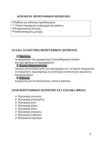 24
ΛΕΞΙΛΟΓΙΟ ΠΕΡΙΓΡΑΦΙΚΩΝ ΚΕΙΜΕΝΩΝ
Επίθετα και επιθετικοί προσδιορισμοί
Τοπικά επιρρήματα ή επιρρηματικές φράσεις
Η παρατακτική σύνταξη
Επιθετοποιημένες μετοχές
ΣΤΑΔΙΑ ΑΝΑΠΤΥΞΗΣ ΠΕΡΙΓΡΑΦΙΚΟΥ ΚΕΙΜΕΝΟΥ
1. Πρόλογος
Αναφερόμαστε στο χωροχρονικό ή συναισθηματικό πλαίσιο
που έχει σχέση με το περιγραφόμενο
2. Κυρίως θέμα(ανάπτυξη)
Δίνουμε τη συνολική εικόνα του περιγραφόμενου, τα δομικά στοιχεία που
το συγκροτούν, περιγράφουμε τη γενικότερη εντύπωση που προκαλεί η
συνολική εικόνα
3. Επίλογος
Εκφράζεται μια συνολική σκέψη, στάση ή πρόταση
ΕΙΔΗ ΠΕΡΙΓΡΑΦΙΚΩΝ ΚΕΙΜΕΝΩΝ ΣΤΑ ΣΧΟΛΙΚΑ ΒΙΒΛΙΑ
Περιγραφή γεγονότος
Περιγραφή αντικειμένου
Περιγραφή ζώου
Περιγραφή χώρου
Περιγραφή τόπου
Περιγραφή κτίσματος
Περιγραφή ανθρώπου
Βιογραφικό σημείωμα
 