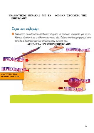54
ΕΝΔΕΙΚΤΙΚΟΣ ΠΙΝΑΚΑΣ ΜΕ ΤΑ ΔΟΜΙΚΑ ΣΤΟΙΧΕΙΑ ΤΗΣ
ΕΠΙΣΤΟΛΗΣ
ΔΕΙΓΜΑΤΑ ΕΡΓΑΣΙΩΝ ΕΠΙΣΤΟΛΗΣ
(ΛΟΓΟΣ ΓΙΑ ΤΟΝ
ΟΠΟΙΟ ΓΡΑΦΟΥΜΕ)
 