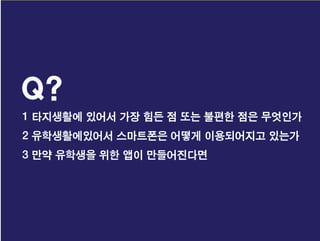 1 타지생활에 있어서 가장 힘든 점 또는 불편한 점은 무엇인가
2 유학생활에있어서 스마트폰은 어떻게 이용되어지고 있는가
3 만약 유학생을 위한 앱이 만들어진다면
Q?
 