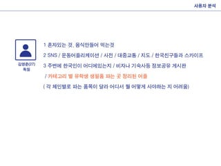 사용자 분석
1 혼자있는 것. 음식만들어 먹는것
2 SNS / 운동어플리케이션 / 사전 / 대중교통 / 지도 / 한국친구들과 스카이프
3 주변에 한국인이 어디에있는지 / 비자나 기숙사등 정보공유 게시판
/ 카테고리 별 유학생 생필품 파는 곳 정리된 어플
( 각 체인별로 파는 품목이 달라 어디서 뭘 어떻게 사야하는 지 어려움)
김영준(27)
독일
 