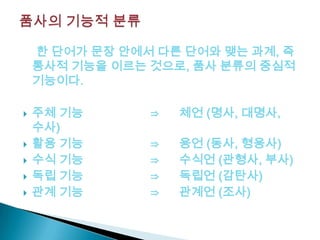 한 단어가 문장 안에서 다른 단어와 맺는 과계, 즉
통사적 기능을 이르는 것으로, 품사 분류의 중심적
기능이다.
 주체 기능 ⇒ 체언 (명사, 대명사,
수사)
 활용 기능 ⇒ 용언 (동사, 형용사)
 수식 기능 ⇒ 수식언 (관형사, 부사)
 독립 기능 ⇒ 독립언 (감탄사)
 관계 기능 ⇒ 관계언 (조사)
 