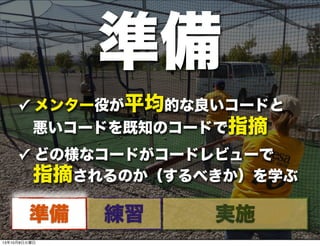 ✓ メンター役が平均的な良いコードと
悪いコードを既知のコードで指摘
✓ どの様なコードがコードレビューで
指摘されるのか（するべきか）を学ぶ
準備
準備 練習 実施
13年10月8日火曜日
 