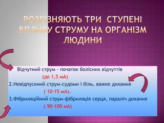 1. Відчутний струм - початок болісних відчуттів
(до 1,5 мА)
2.Невідпускний струм-судоми і біль, важке дихання
( 10-15 мА).
3.Фібриляційний струм-фібриляція серця, параліч дихання
( 90-100 мА)
 