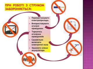  Перевантажувати
електроприлади.
 Використовувати
оголені
провідники
 Торкатись
оголених
провідників
 Самовільно
включати
електричні кола
 Замикати клеми
акумулятора
 