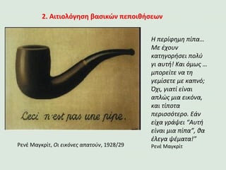 Η περίφημη πίπα…
Με έχουν
κατηγορήσει πολύ
γι αυτή! Και όμως …
μπορείτε να τη
γεμίσετε με καπνό;
Όχι, γιατί είναι
απλώς μια εικόνα,
και τίποτα
περισσότερο. Εάν
είχα γράψει “Αυτή
είναι μια πίπα”, θα
έλεγα ψέματα!”
Ρενέ ΜαγκρίτΡενέ Μαγκρίτ, Οι εικόνες απατούν, 1928/29
2. Αιτιολόγηση βασικών πεποιθήσεων
 