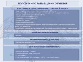 ЗОНА КУЛЬТОВОГО НАЗНАЧЕНИЯ
- часовня.
ПОЛОЖЕНИЕ О РАЗМЕЩЕНИИ ОБЪЕКТОВ
ЗОНА ОБЪЕКТОВ ЗДРАВООХРАНЕНИЯ И СОЦИАЛЬНОЙ ЗАЩИТЫ
- стационар (в составе больничного комплекса) на 50 коек;
- поликлиника (в составе больничного комплекса) на 145 посещений в смену;
- станция скорой помощи на 2 автомобиля;
- молочная кухня на 320 порций;
- центр социальной адаптации;
- социальный приют;
- дом ночного пребывания;
- отделение социально-медицинского обслуживания на дому гражданам пенсионного
возраста и инвалидам;
- отделение социальной помощи на дому гражданам пенсионного возраста и инвалидам.
КОММУНАЛЬНО-СКЛАДСКАЯ ЗОНА
- продовольственные склады.
ЗОНА ИНЖЕНЕРНОЙ ИНФРАСТРУКТУРЫ
- насосная станция – 1 объект;
- газорегуляторный пункт – 1 объект;
- ЦТП – 1 объект;
- трансформаторные подстанции ТП-10(6)/0,4 кВА – 19 объектов.
 