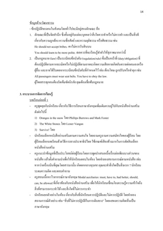 14
ข้อมูลด้านวัฒนธรรม
- ข้อปฏิบัติของคนในสังคมโดยทั่วไปจะมีอยู่สองลักษณะ คือ
1. ลักษณะที่เป็นจิตสานึก ซึ่งขั้นอยู่กับแต่ละบุคคลว่าสิ่งใดควรทาหรือไม่ควรทา และเป็นสิ่งที
เกี่ยวกับความถูกต้อง ความซื่อสัตย์และความยุติธรรม หรือศีลธรรม เช่น
He should not accept bribes. เขาไม่ควรรับสินบน
You should learn to be more polite. เธอควรที่จะเรียนรู้ทาตัวให้สุภาพมากกว่านี้
2. เป็นกฎหมาย (law) เป็นระเบียบข้อบังคับ (regulation/rule) ซึ่งเป็นหน้าที่ (duty/obligation) ที่
ต้องปฏิบัติตามหากละเมิดหรือไม่ปฏิบัติตามอาจจะเกิดความเสียหายเกิดอันตรายต่อตนเองหรือ
ผู้อื่น และอาจได้รับผลจากระเบียบข้อบังคับที่กาหนดไว้เช่น ต้องโทษ ถูกปรับหรือจาคุก เช่น
All passengers must wear seat belts. You have to obey the law.
ผู้โดยสารทุกคนต้องรัดเข็มขัดนิรภัย คุณต้องเชื่อฟังกฎหมาย
3. กระบวนการจัดการเรียนรู้
บทเรียนย่อยที่ 1
- ครูพูดคุยกับนักเรียน เกี่ยวกับวิธีการเรียนภาษาอังกฤษเพิ่มเติมควบคู่ไปกับหนังสืออ่านเสริม
ดังต่อไปนี้
1) Oranges in the snow โดย Phillips Burrows and Mark Foster
2) The White Stones โดย Lester Vangan
3) Survive! โดย
- นักเรียนเลือกหนังสืออ่านเสริมตามความสนใจ โดยถามครูถามความสมัครใจของผู้เรียน โดย
ผู้เรียนเลือกบทเรียนด้วยวิธีการทางประชาธิปไตย ใช้เกณฑ์เสียงข้างมากในการตัดสินเลือก
หนังสืออ่านเสริม
- ครูแนะนาข้อมูลที่เป็นประโยชน์ต่อผู้เรียนโดยการพูดนาเสนอเนื้อเรื่องย่อเพียงบางส่วนของ
หนังสือ แล้วตั้งคาถามนาเพื่อให้นักเรียนตอบในห้อง โดยจาลองสถานการณ์ตามหนังสือ เช่น
หากว่าเครื่องบินที่คุณโดยสารมานั้น เกิดตกกลางหุบเขา คุณจะทาสิ่งใดเป็นสิ่งแรก ? นักเรียน
ระดมความคิด และตอบคาถาม
- ครูสอนเนื้อหาไวยากรณ์ภาษาอังกฤษ Modal auxiliaries: must, have to, had better, should,
can, be allowed ที่เกี่ยวข้องกับหนังสืออ่านเสริม เพื่อให้นักเรียนเชื่อมโยงความรู้ความเข้าใจถึง
สิ่งที่สามารถกระทาได้และสิ่งใดที่ไม่ควรกระทา
- นักเรียนยกตัวอย่างในห้อง เกี่ยวกับสิ่งที่นักเรียนควรปฏิบัติและไม่ควรปฏิบัติ โดยจาลอง
สถานการณ์ตัวอย่าง เช่น “สิ่งที่ไม่ควรปฏิบัติในการเดินทาง” โดยแสดงความคิดเห็นเป็น
ภาษาอังกฤษ
 