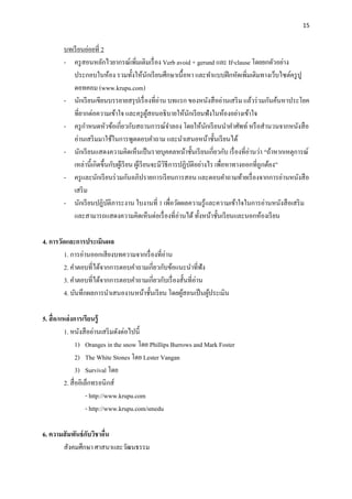 15
บทเรียนย่อยที่ 2
- ครูสอนหลักไวยากรณ์เพิ่มเติมเรื่อง Verb avoid + gerund และ If-clause โดยยกตัวอย่าง
ประกอบในห้อง รวมทั้งให้นักเรียนศึกษาเนื้อหา และทาแบบฝีกหัดเพิ่มเติมทางเว็บไซต์ครูปู
ดอทคอม (www.krupu.com)
- นักเรียนเขียนบรรยายสรุปเรื่องที่อ่าน บทแรก ของหนังสืออ่านเสริม แล้วร่วมกันค้นหาประโยค
ที่ยากต่อความเข้าใจ และครูผู้สอนอธิบายให้นักเรียนฟังในห้องอย่างเข้าใจ
- ครูกาหนดหัวข้อเกี่ยวกับสถานการณ์จาลอง โดยให้นักเรียนนาคาศัพท์ หรือสานวนจากหนังสือ
อ่านเสริมมาใช้ในการพูดตอบคาถาม และนาเสนอหน้าชั้นเรียนได้
- นักเรียนแสดงความคิดเห็นเป็นรายบุคคลหน้าชั้นเรียนเกี่ยวกับ เรื่องที่อ่านว่า “ถ้าหากเหตุการณ์
เหล่านี้เกิดขึ้นกับผู้เรียน ผู้เรียนจะมีวิธีการปฏิบัติอย่างไร เพื่อหาทางออกที่ถูกต้อง”
- ครูและนักเรียนร่วมกันอภิปรายการเรียนการสอน และตอบคาถามท้ายเรื่องจากการอ่านหนังสือ
เสริม
- นักเรียนปฏิบัติภาระงาน ใบงานที่ 1 เพื่อวัดผลความรู้และความเข้าใจในการอ่านหนังสือเสริม
และสามารถแสดงความคิดเห็นต่อเรื่องที่อ่านได้ทั้งหน้าชั้นเรียนและนอกห้องเรียน
4. การวัดและการประเมินผล
1. การอ่านออกเสียงบทความจากเรื่องที่อ่าน
2. คาตอบที่ได้จากการตอบคาถามเกี่ยวกับข้อแนะนาที่ฟัง
3. คาตอบที่ได้จากการตอบคาถามเกี่ยวกับเรื่องสั้นที่อ่าน
4. บันทึกผลการนาเสนองานหน้าชั้นเรียน โดยผู้สอนเป็นผู้ประเมิน
5. สื่อ/แหล่งการเรียนรู้
1. หนังสืออ่านเสริมดังต่อไปนี้
1) Oranges in the snow โดย Phillips Burrows and Mark Foster
2) The White Stones โดย Lester Vangan
3) Survival โดย
2. สื่ออิเล็กทรอนิกส์
- http://www.krupu.com
- http://www.krupu.com/smedu
6. ความสัมพันธ์กับวิชาอื่น
สังคมศึกษา ศาสนาและวัฒนธรรม
 