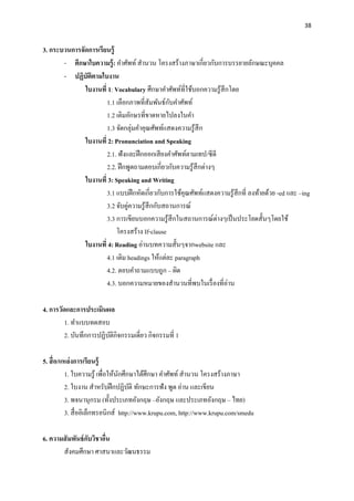 38
3. กระบวนการจัดการเรียนรู้
- ศึกษาใบความรู้: คาศัพท์ สานวน โครงสร้างภาษาเกี่ยวกับการบรรยายลักษณะบุคคล
- ปฏิบัติตามใบงาน
ใบงานที่ 1: Vocabulary ศึกษาคาศัพท์ที่ใช้บอกความรู้สึกโดย
1.1 เลือกภาพที่สัมพันธ์กับคาศัพท์
1.2 เติมอักษรที่ขาดหายไปลงในคา
1.3 จัดกลุ่มคาคุณศัพท์แสดงความรู้สึก
ใบงานที่ 2: Pronunciation and Speaking
2.1. ฟังและฝึกออกเสียงคาศัพท์ตามเทป/ซีดี
2.2. ฝึกพูดถามตอบเกี่ยวกับความรู้สึกต่างๆ
ใบงานที่ 3: Speaking and Writing
3.1 แบบฝึกหัดเกี่ยวกับการใช้คุณศัพท์แสดงความรู้สึกที่ ลงท้ายด้วย -ed และ –ing
3.2 จับคู่ความรู้สึกกับสถานการณ์
3.3 การเขียนบอกความรู้สึกในสถานการณ์ต่างๆเป็นประโยดสั้นๆโดยใช้
โครงสร้าง If-clause
ใบงานที่ 4: Reading อ่านบทความสั้นๆจากwebsite และ
4.1 เติม headings ให้แต่ละ paragraph
4.2. ตอบคาถามแบบถูก – ผิด
4.3. บอกความหมายของสานวนที่พบในเรื่องที่อ่าน
4. การวัดและการประเมินผล
1. ทาแบบทดสอบ
2. บันทึกการปฏิบัติกิจกรรมเดี่ยว กิจกรรมที่ 1
5. สื่อ/แหล่งการเรียนรู้
1. ใบความรู้ เพื่อให้นักศึกษาได้ศึกษา คาศัพท์สานวน โครงสร้างภาษา
2. ใบงาน สาหรับฝึกปฏิบัติ ทักษะการฟัง พูด อ่าน และเขียน
3. พจนานุกรม (ทั้งประเภทอังกฤษ –อังกฤษ และประเภทอังกฤษ – ไทย)
3. สื่ออิเล็กทรอนิกส์ http://www.krupu.com, http://www.krupu.com/smedu
6. ความสัมพันธ์กับวิชาอื่น
สังคมศึกษา ศาสนาและวัฒนธรรม
 