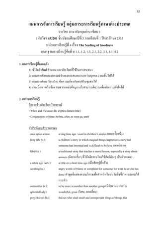 52
แผนการจัดการเรียนรู้ กลุ่มสาระการเรียนรู้ภาษาต่างประเทศ
รายวิชา ภาษาอังกฤษอ่าน-เขียน 1
รหัสวิชา อ32201 ชั้นมัธยมศึกษาปีที่ 5 ภาคเรียนที่ 1 ปีการศึกษา 2553
หน่วยการเรียนรู้ที่ 4 เรื่อง The Seeding of Goodness
มาตรฐานการเรียนรู้ข้อที่ ต 1.1, 1.2, 1.3, 2.1, 2.2, 3.1, 4.1, 4.2
1. ผลการเรียนรู้ที่คาดหวัง
1) เข้าใจคาศัพท์สานวน และประโยคที่ใช้ในการสนทนา
2) สามารถเขียนสถานการณ์จาลองการสนทนาระหว่างบุคคล 2 คนขึ้นไปได้
3) สามารถเขียน เรียบเรียง ข้อความเกี่ยวกับคนดีในชุมชนได้
4) อ่านเนื้อหา หรือข้อความจากแหล่งข้อมูล แล้วสามารถตีความเพื่อทาความเข้าใจได้
2. สาระการเรียนรู้
โครงสร้างประโยค/ไวยากรณ์
- When and If clauses (to express future time)
- Conjunctions of time: before, after, as soon as, until
คาศัพท์และสานวนภาษา
once upon a time: a long time ago - used in children’s stories (กาลครั้งหนึ่ง)
fairy tale (n.): a children’s story in which magical things happen or a story that
someone has invented and is difficult to believe (เทพนิยาย)
fable (n.): a traditional story that teaches a moral lesson, especially a story about
animals (นิทานสั้นๆ ที่ให้คติธรรมโดยใช้สัตว์ต่างๆ เป็นตัวละคร)
a while ago (adv.): a little or a short time ago (เมื่อสักครู่ที่แล้ว)
scolding (n.): angry words of blame or complaint for someone for what he or she has
done (คาพูดที่แสดงความโกรธเพื่อตาหนิหรือบ่นในสิ่งซึ่งใครบางคนได้
กระทา)
outnumber (v.): to be more in number than another group (มีจานวนมากกว่า)
splendid (adj.): wonderful, great (วิเศษ, ยอดเยี่ยม)
petty thieves (n.): thieves who steal small and unimportant things or things that
 