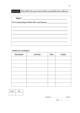 56
กิจกรรมที่ 2 สืบค้นคนดีในโรงเรียน ชุมชน สังคม แล้วเขียนรายละเอียดให้ครบถ้วนตามที่กาหนด
Who? : _________________________________________
We’re interesting in his/her life event because, _______________________
_______________________________________________________________
_______________________________________________________________
_______________________________________________________________
_______________________________________________________________
_______________________________________________________________
Outline for workshop!!
Storyboard Activities Time Scripts
Score: Get:
5
Signature ………………………… Teacher
Date……/………/……..
 