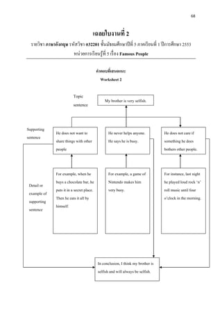 68
เฉลยใบงานที่ 2
รายวิชา ภาษาอังกฤษ รหัสวิชา อ32201 ชั้นมัธยมศึกษาปีที่ 5 ภาคเรียนที่ 1 ปีการศึกษา 2553
หน่วยการเรียนรู้ที่ 5 เรื่อง Famous People
คาตอบที่เสนอแนะ
Worksheet 2
Topic
sentence
Supporting
sentence
My brother is very selfish.
He does not want to
share things with other
people
He does not care if
something he does
bothers other people.
He never helps anyone.
He says he is busy.
For example, when he
buys a chocolate bar, he
puts it in a secret place.
Then he eats it all by
himself.
For instance, last night
he played loud rock ‘n’
roll music until four
o’clock in the morning.
For example, a game of
Nintendo makes him
very busy.
Detail or
example of
supporting
sentence
In conclusion, I think my brother is
selfish and will always be selfish.
 