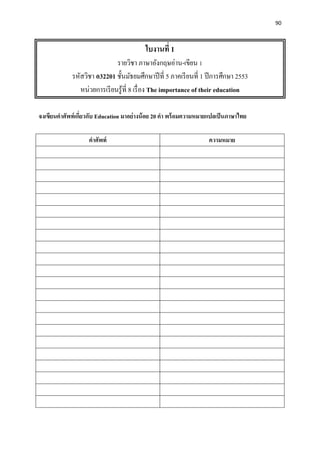90
ใบงานที่ 1
รายวิชา ภาษาอังกฤษอ่าน-เขียน 1
รหัสวิชา อ32201 ชั้นมัธยมศึกษาปีที่ 5 ภาคเรียนที่ 1 ปีการศึกษา 2553
หน่วยการเรียนรู้ที่ 8 เรื่อง The importance of their education
จงเขียนคาศัพท์เกี่ยวกับ Education มาอย่างน้อย 20 คา พร้อมความหมายแปลเป็นภาษาไทย
คาศัพท์ ความหมาย
 