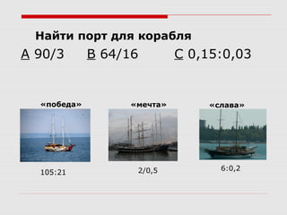 А 90/3 В 64/16 С 0,15:0,03
«победа» «мечта» «слава»
105:21 2/0,5 6:0,2
Найти порт для корабля
 