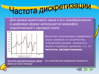 Для записи аналогового звука и его преобразования
в цифровую форму используется микрофон,
подключенный к звуковой плате.
Качество полученного цифрового
звука зависит от количества
измерений уровня громкости
звука в единицу времени, т.е. от
частоты дискретизации.
Частота дискретизации звука - это количество измерений громкости
звука за одну секунду.
 
