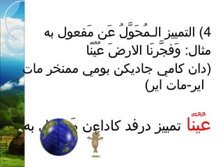 4‫به‬ ‫مفعول‬َ  ‫عن‬َ  ‫ل‬ُ‫ل‬ ‫و‬َّ‫ل‬ ‫ح‬َ  ‫م‬ُ‫ل‬ ‫الـ‬ ‫التمييز‬ (
‫ن ا‬ً‫ ا‬ ‫ي‬ُ‫ل‬ ‫ع‬ُ‫ل‬ ‫ض‬َ  ‫الر‬ ‫هن ا‬َ  ‫جر‬َّ‫ل‬ ‫وف‬َ  :‫مث ال‬
)‫م ات‬ ‫ممنخر‬ ‫بومي‬ ‫ج ادنيكن‬ ‫ك امي‬ ‫دان‬
(‫انير‬ ‫انير-م ات‬
‫ن ا‬ً‫ ا‬ ‫ي‬ُ‫ل‬ ‫ع‬ُ‫ل‬‫تمييز‬‫درفد‬‫به‬ ‫مفعول‬َ  ‫ك اداءن‬
 