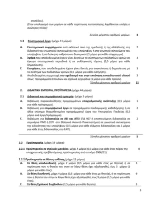 επιπέδου).
(Στον υπολογισμό των μορίων σε κάθε περίπτωση πιστοποίησης λαμβάνεται υπόψη ο
ανώτερος τίτλος)
Σύνολο μέγιστου αριθμού μορίων 4
1.3 Επιστημονικό έργο: (μέχρι 11 μόρια)
Α. Επιστημονικά συγγράμματα από εκδοτικό οίκο της ημεδαπής ή της αλλοδαπής στη
διδακτική του γνωστικού αντικειμένου του υποψηφίου ή στο γνωστικό αντικείμενο του
υποψηφίου ή σε διοίκηση ανθρώπινου δυναμικού (1 μόριο για κάθε σύγγραμμα).
2
Β. Άρθρα που αποδεδειγμένα έχουν γίνει δεκτά με το σύστημα των πολλαπλών κριτών σε
έγκυρα επιστημονικά περιοδικά ή σε συλλογικούς τόμους (0,5 μόριο για κάθε
δημοσίευση).
3
Γ. Εισηγήσεις που αποδεδειγμένα έχουν γίνει δεκτές για ανακοίνωση ή δημοσίευση με
το σύστημα των πολλαπλών κριτών (0,5 μόριο για κάθε εισήγηση).
3
Δ. Αποδεδειγμένη συμμετοχή στο σχεδιασμό και στην εκπόνηση εκπαιδευτικού υλικού
όπως Προγράμματα Σπουδών και σχολικά εγχειρίδια (1 μόριο για κάθε προϊόν).
3
Σύνολο μέγιστου αριθμού μορίων 11
2. ΔΙΔΑΚΤΙΚΗ ΕΜΠΕΙΡΙΑ, ΠΡΟΫΠΗΡΕΣΙΑ (μέχρι 44 μόρια)
2.1 Διδακτική και επιμορφωτική εμπειρία: (μέχρι 5 μόρια)
Α. Βεβαίωση παρακολούθησης προγραμμάτων επαγγελματικής ανάπτυξης (0,5 μόριο
για κάθε πρόγραμμα).
1
Β. Βεβαίωση για επιμορφωτικό έργο σε προγράμματα παιδαγωγικής καθοδήγησης ή σε
άλλα επίσημα θεσμοθετημένα προγράμματα/ έργα του Υπουργείου Παιδείας (0,5
μόριο ανά έργο/πρόγραμμα).
2
Γ. Βεβαίωση για διδασκαλία σε ΑΕΙ και ΑΤΕΙ (ΠΔ 407 ή εποπτευόμενη διδασκαλία σε
σεμινάρια ΠΜΣ ή ΣΕΠ στο Ελληνικό Ανοικτό Πανεπιστήμιο) σε γνωστικό αντικείμενο
της ειδικότητας του υποψήφιου (0.5 μόριο για κάθε εξάμηνο διδασκαλίας και 1 μόριο
για κάθε έτος διδασκαλίας στο ΕΑΠ).
2
Σύνολο μέγιστου αριθμού μορίων 5
2.2 Προϋπηρεσία (μέχρι 19 μόρια)
2.2.1 Προϋπηρεσία σε σχολικές μονάδες, μέχρι 4 μόρια (0,5 μόριο για κάθε έτος πέραν της
υποχρεωτικής προβλεπόμενης προϋπηρεσίας από το νόμο 3966/11).
4
2.2.2 Προϋπηρεσία σε θέσεις ευθύνης (μέχρι 15 μόρια)
Α. Σε θέση υποδιευθυντή, μέχρι 2 μόρια (0,5 μόριο για κάθε έτος με θητεία) ή σε
περίπτωση που η θητεία του στην εν λόγω θέση έχει αξιολογηθεί, έως 3 μόρια (1
μόριο για κάθε έτος).
3
Β.
Γ.
Σε θέση διευθυντή, μέχρι 4 μόρια (0,5 μόριο για κάθε έτος με θητεία), ή σε περίπτωση
που η θητεία του στην εν λόγω θέση έχει αξιολογηθεί, έως 9 μόρια (1,5 μόριο για κάθε
έτος).
Σε θέση Σχολικού Συμβούλου (1,5 μόριο για κάθε θητεία).
9
3
3
 