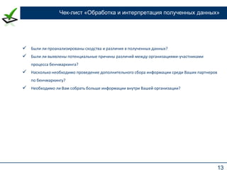 13
Чек-лист «Обработка и интерпретация полученных данных»
 Были ли проанализированы сходства и различия в полученных данных?
 Были ли выявлены потенциальные причины различий между организациями-участниками
процесса бенчмаркинга?
 Насколько необходимо проведение дополнительного сбора информации среди Ваших партнеров
по бенчмаркингу?
 Необходимо ли Вам собрать больше информации внутри Вашей организации?
 