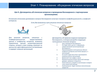 7
Этап 1: Планирование: обсуждение этических вопросов
Шаг 6. Договоритесь об этических вопросах в проведении бенчмаркинга с партнерскими
организациями.
Основными этическими дилеммами в вопросе бенчмаркинга зачастую становится конфиденциальность и конфликт
интересов.
Есть два возможных пути решения этических вопросов:
Для решения вопросов, связанных с
конфиденциальностью предоставляемых
данных и конфликтом интересов, возможно
привлечение третьей незаинтересованной
стороны, которая в свою очередь извлекает из
данных все идентификационные составляющие
и кодирует названия организаций.
Договоритесь об правилах (кодексе) проведения
бенчмаркинга, в которых раскройте следующие
потенциально этические вопросы:
1. Цель проведения бенчмаркинга
2. Кто будет иметь доступ к информации,
предоставляемой организациями для
бенчмаркинга
3. Проанализировать потенциальные области
конфликта интересов участников процесса и
организаций
4. На какой стадии могут быть запланировать
взаимные визиты организаций
5. Временной план-график и сроки
6. Взаимоотношение внутри проектной команды:
доверие, уважение и открытость
7. Ответственность каждой из организации и каждого
члена проектной команды
8. Какой результат будет считаться окончательным
продуктом
 