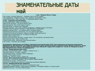ЗНАМЕНАТЕЛЬНЫЕ ДАТЫ
май 1 мая - Праздник Весны и Труда.
•Час истории: «История Первомая», «Праздник мира и светлых надежд»
• Час информации: «Традиции разных стран, связанные с праздником 1 мая»
•Тематический вечер: «Мир. Труд. Май», «С праздником Весны и труда»
•9 мая - годовщина великой Победы.
•Тематический вечер: «Через года помните…!»;
•Виртуальная экскурсия: «По местам боевой славы»
•Выставка-рассказ: «Вы в битве Родину спасали»
•Выставка-обзор: «И помнит мир спасенный»
•Книжные выставки: «Они дошли с победой до Берлина», «Победа длиной в 1418 дней»,
«Судьбой им было суждено», «Аксайцы — герои Великой Отечественной»
•Вернисаж военной книги: «А в книжной памяти мгновения войны»
•Литературно-музыкальная композиция: «Эх, путь-дорожка фронтовая»
•Праздничный вечер для ветеранов: «Забытые мелодии, сквозь десятилетия»
•Познавательно-исторический час: «От Кремля до Рейхстага»
•Беседа: «Дети огненных лет»
•Книжно-иллюстративная выставка о городах-героях: «По тем дорогам, где прошла война»
•Урок военной славы: «Герои огненных лет»
•Тематический вечер: «Маленький солдат большой войны»
•Час истории : «Расскажи мне о Победе»
•В преддверии празднования дня Победы в Великой Отечественной войне ГКУК «Коми-Пермяцкая центральная национальная
библиотека им. М.П. Лихачева» при поддержке Окружного совета ветеранов провела окружную акцию «Военная открытка». Акция
проходила в феврале-марте, в ней приняли участие около 300 детей и подростков в возрасте от 7 до 20 лет. Материал на сайте:
http://kpolibrary.ucoz.ru/index/meroprijatija/0-19
•15 мая - Международный день семьи.
•Выставка художественных работ: «Любовь, похожая на сон…»
•Выставка-просмотр: «В любви и дружбе»,
•Литературный вечер: «Легенда о Петре и Февронии»
•Беседа: «Тепло родного очага».
•Информина: «Ценности семьи», «Семья и Я».
•24 мая - День славянской письменности и культуры
•Музыкально - поэтический праздник: "Да не иссякнет слава их земная"
•Литературный конкурс: «Русское слово»
•Дискуссия: «Традиционные ценности в современном российском обществе».
•27 мая - Общероссийский день библиотек
•Час истории: «Сокровищница всех богатств человеческого духа»
•Профориентационная беседа: «Люди высокого призвания», «Все работы хороши, ну а наша лучше!»
•Библиотечный урок: «Что может библиотекарь»
 