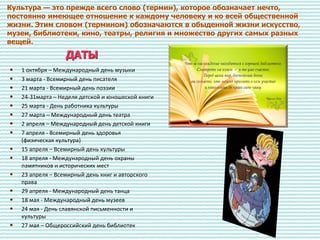 Культура — это прежде всего слово (термин), которое обозначает нечто,
постоянно имеющее отношение к каждому человеку и ко всей общественной
жизни. Этим словом (термином) обозначаются в обыденной жизни искусство,
музеи, библиотеки, кино, театры, религия и множество других самых разных
вещей.
ДАТЫ
• 1 октября – Международный день музыки
• 3 марта - Всемирный день писателя
• 21 марта - Всемирный день поэзии
• 24-31марта – Неделя детской и юношеской книги
• 25 марта - День работника культуры
• 27 марта – Международный день театра
• 2 апреля – Международный день детской книги
• 7 апреля - Всемирный день здоровья
(физическая культура)
• 15 апреля – Всемирный день культуры
• 18 апреля - Международный день охраны
памятников и исторических мест
• 23 апреля – Всемирный день книг и авторского
права
• 29 апреля - Международный день танца
• 18 мая - Международный день музеев
• 24 мая - День славянской письменности и
культуры
• 27 мая – Общероссийский день библиотек
 
