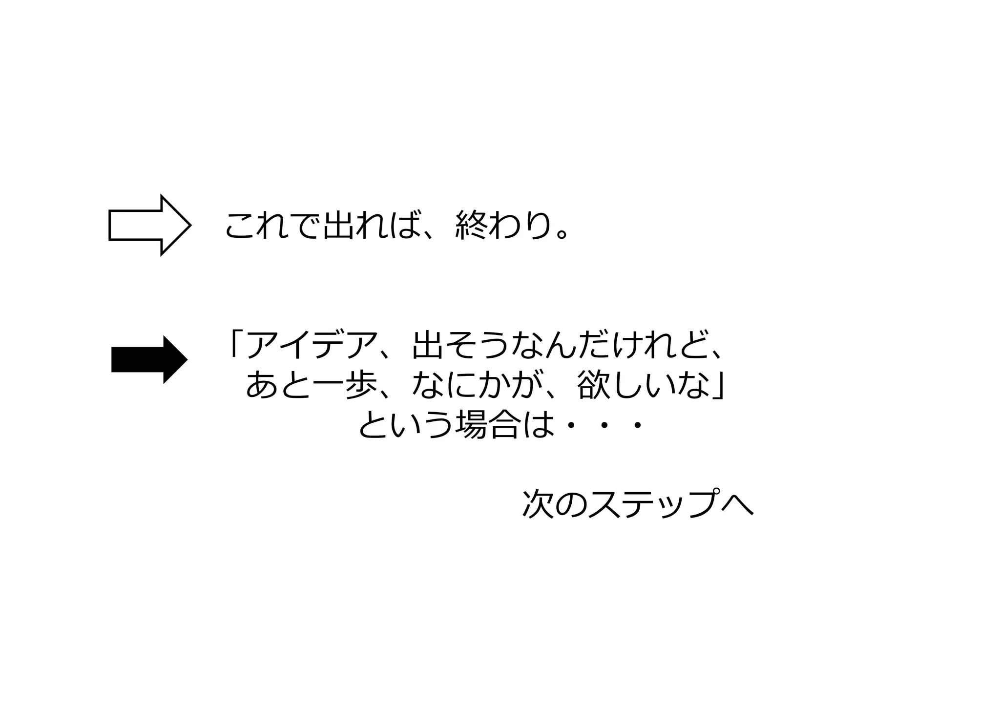 これで出れば、終わり。
「アイデア、出そうなんだけれど、
あと⼀歩、なにかが、欲しいな」
という場合は・・・
次のステップへ
 