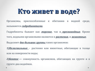 Кто живет в воде?Кто живет в воде?
Организмы, приспособленные к обитанию в водной среде,
называются гидробионтами.
Гидробионты бывают как морские, так и пресноводные. Кроме
того, водными организмами являются и растения, и животные.
Выделяют две большие группы таких организмов:
1)Пелагиальные - растения или животные, обитающие в толще
или на поверхности воды;
2)Бентос — совокупность организмов, обитающих на грунте и в
грунте дна водоёмов.
 