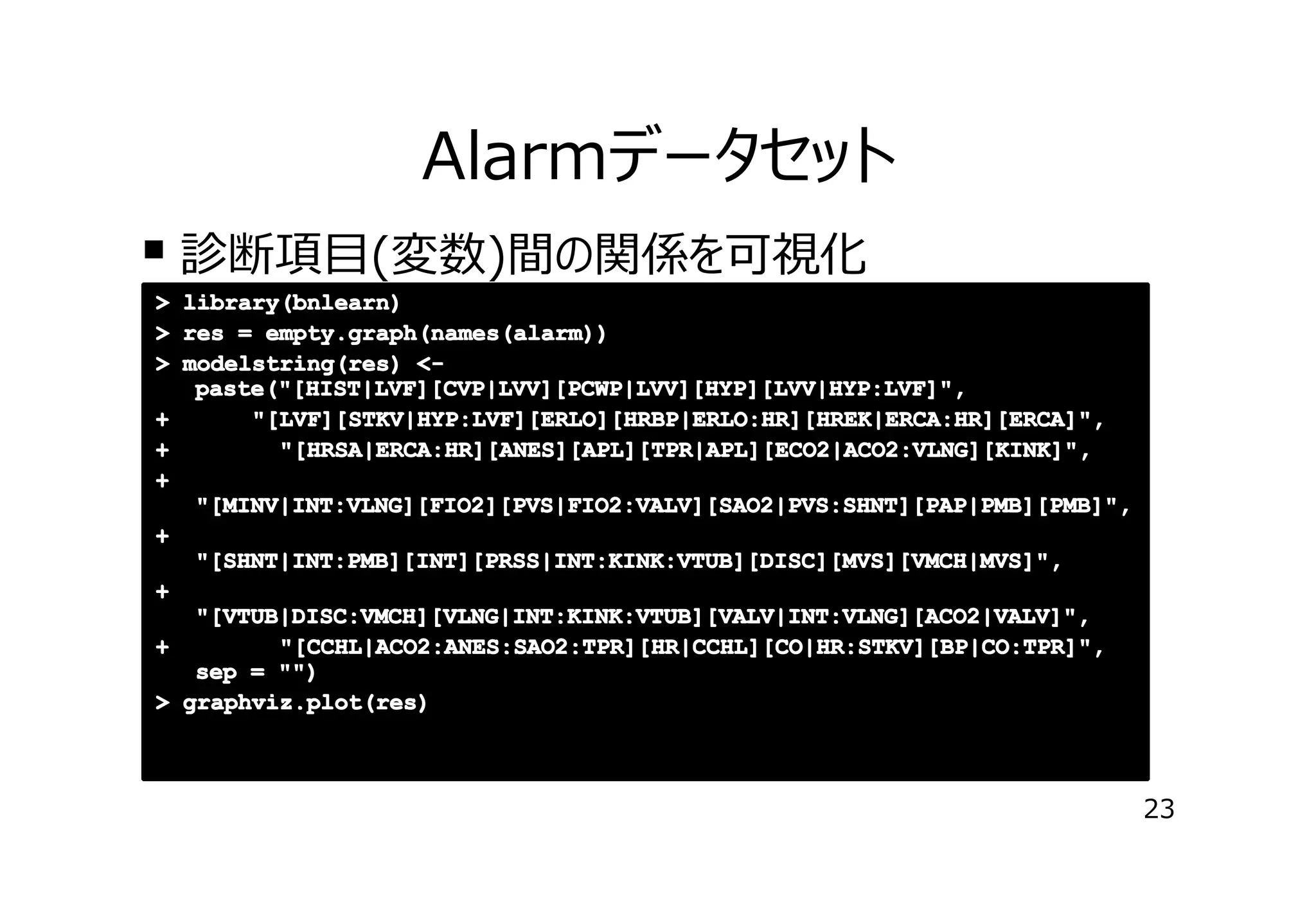 Alarmデータセット
� 診断項⽬(変数)間の関係を可視化
> library(bnlearn)
> res = empty.graph(names(alarm))
> modelstring(res) <paste("[HIST|LVF][CVP|LVV][PCWP|LVV][HYP][LVV|HYP:LVF]",
+
"[LVF][STKV|HYP:LVF][ERLO][HRBP|ERLO:HR][HREK|ERCA:HR][ERCA]",
+
"[HRSA|ERCA:HR][ANES][APL][TPR|APL][ECO2|ACO2:VLNG][KINK]",
+
"[MINV|INT:VLNG][FIO2][PVS|FIO2:VALV][SAO2|PVS:SHNT][PAP|PMB][PMB]",
+
"[SHNT|INT:PMB][INT][PRSS|INT:KINK:VTUB][DISC][MVS][VMCH|MVS]",
+
"[VTUB|DISC:VMCH][VLNG|INT:KINK:VTUB][VALV|INT:VLNG][ACO2|VALV]",
+
"[CCHL|ACO2:ANES:SAO2:TPR][HR|CCHL][CO|HR:STKV][BP|CO:TPR]",
sep = "")
> graphviz.plot(res)

23

 