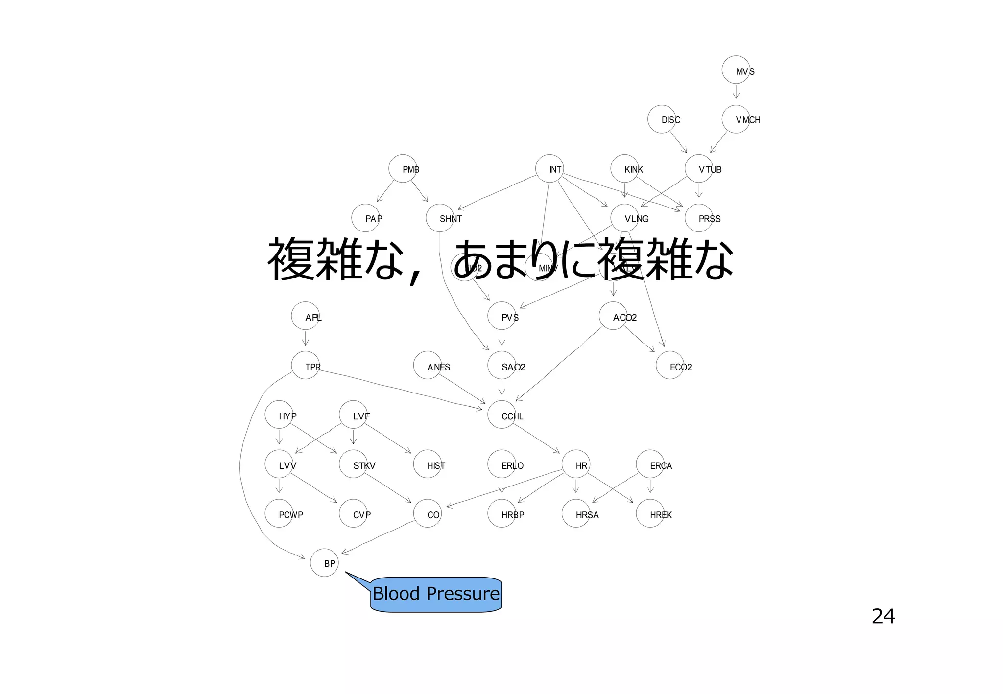 MVS

DISC

PMB

INT

PA P

V MCH

KINK

VLNG

SHNT

VTUB

PRSS

複雑な，あまりに複雑な
FIO2

APL

MINV

VALV

PVS

TPR

A NES

ACO2

SAO2

ECO2

HY P

LVF

CCHL

LVV

STKV

HIST

ERLO

HR

ERCA

PCWP

CV P

CO

HRBP

HRSA

HREK

BP

Blood Pressure

24

 