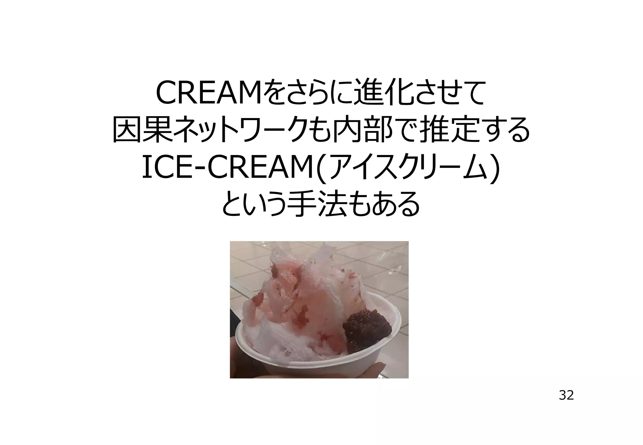 CREAMをさらに進化させて
因果ネットワークも内部で推定する
ICE-CREAM(アイスクリーム)
という⼿法もある

32

 