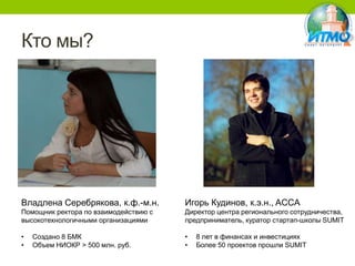 Кто мы?

Владлена Серебрякова, к.ф.-м.н.

Игорь Кудинов, к.э.н., ACCA

Помощник ректора по взаимодействию с
высокотехнологичными организациями

Директор центра регионального сотрудничества,
предприниматель, куратор стартап-школы SUMIT

•
•

•
•

Создано 8 БМК
Объем НИОКР > 500 млн. руб.

8 лет в финансах и инвестициях
Более 50 проектов прошли SUMIT

 